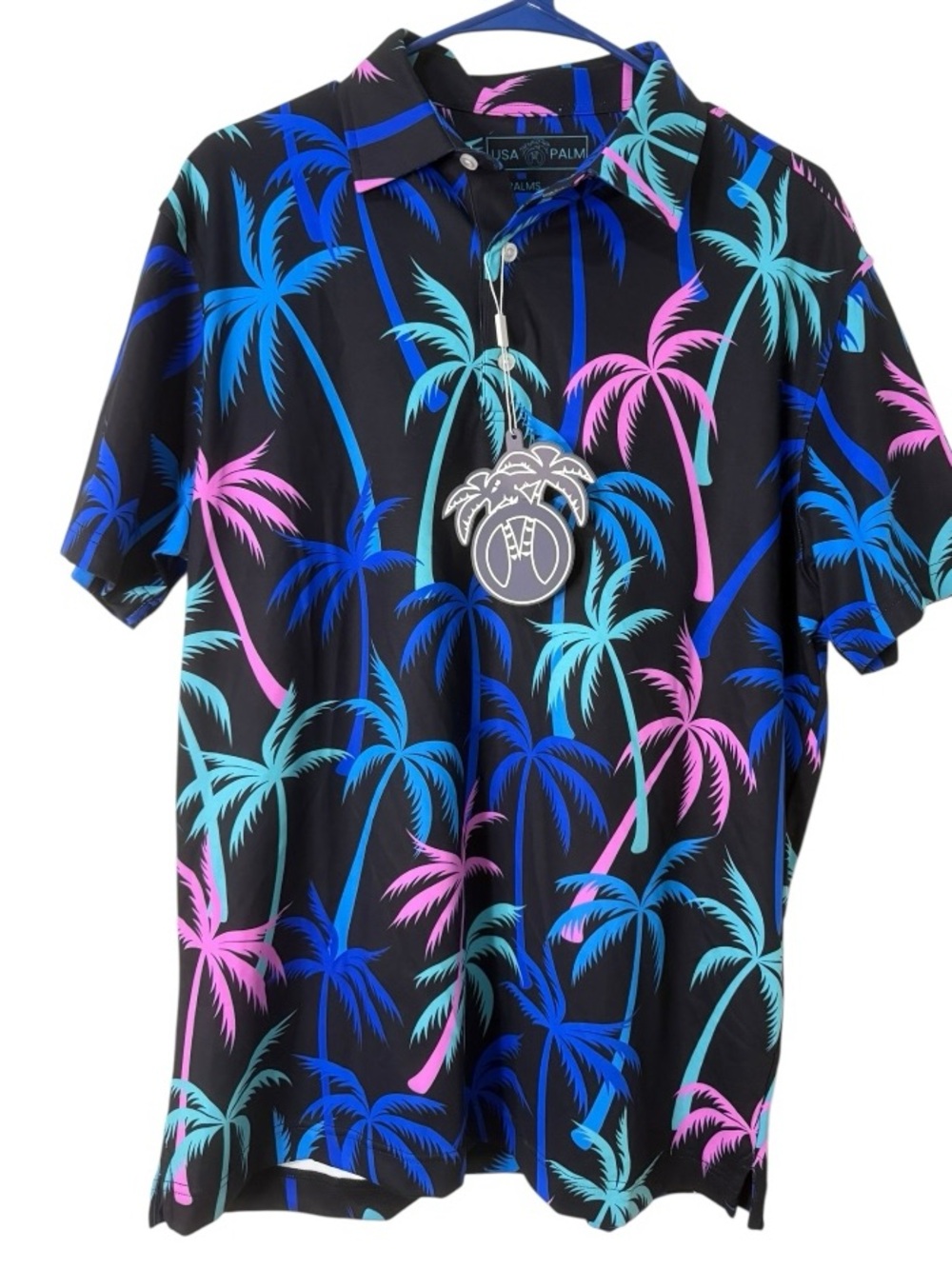 NWT USA Palm Golf Polo Shirt Large Neon Palm Tree Print Moisture Wicking Stretch